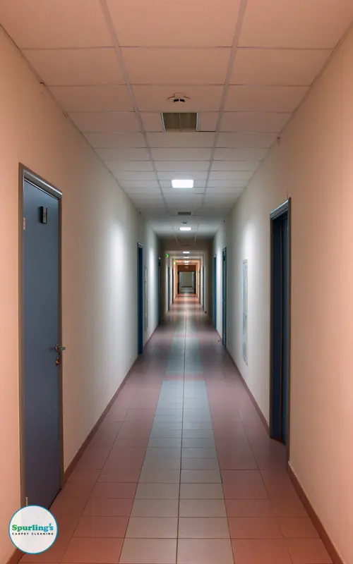 Clean tile floor in a commercial office hallway cleaned by Spurling's Carpet Cleaning in Rochester, NY