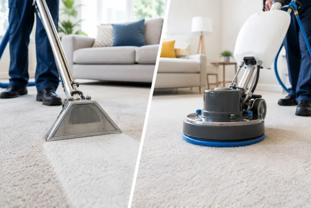 Technician using a hot water extraction wand next to a low-moisture encapsulation machine on clean carpet in a bright living room