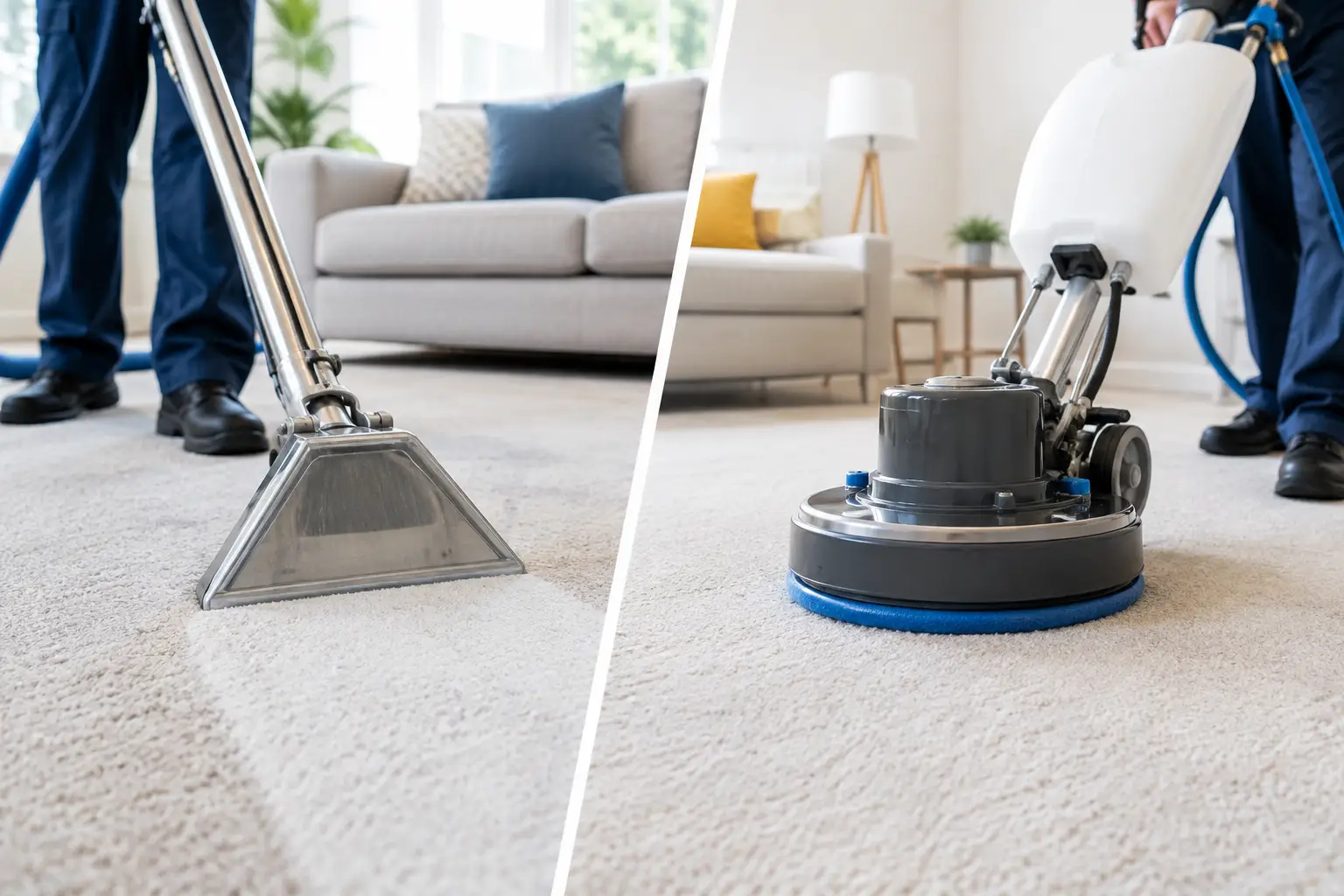 Encapsulation Versus Steam Carpet Cleaning: Which Wins? Technician using a hot water extraction wand next to a low-moisture encapsulation machine on clean carpet in a bright living room
