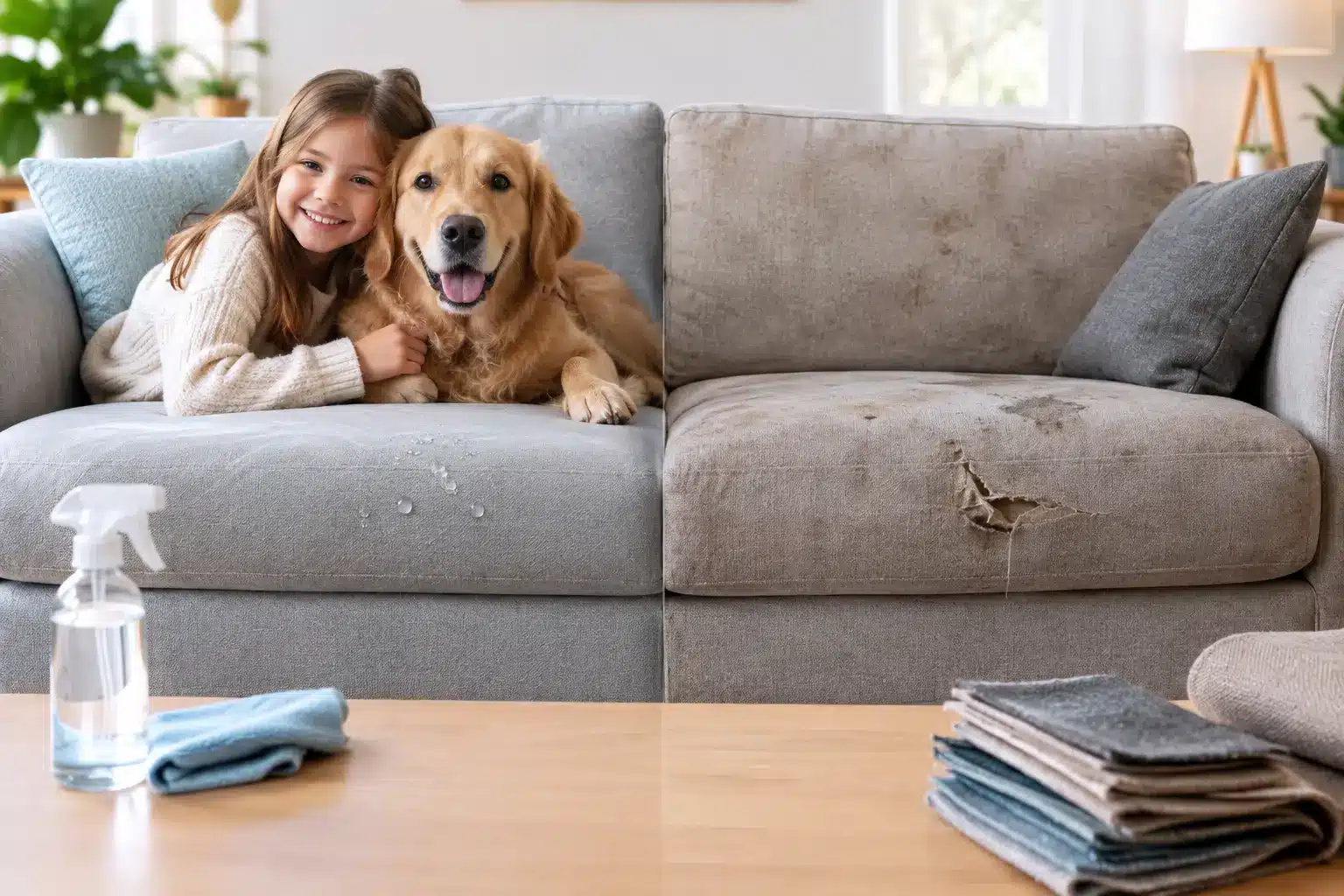 Fabric Protector Versus Upholstery Replacement Girl and golden retriever on a gray fabric sofa with a spray bottle and cloth on the coffee table