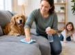 Woman wiping a gray microfiber sofa with a cloth while a golden retriever and a child sit nearby in a bright living room