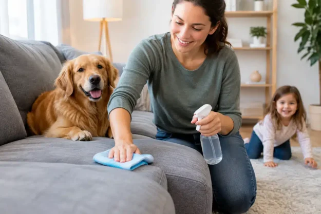 Woman wiping a gray microfiber sofa with a cloth while a golden retriever and a child sit nearby in a bright living room