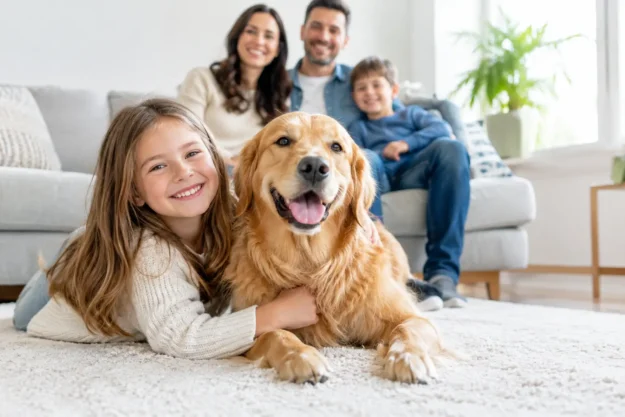Smiling family with two children and a golden retriever relaxing on a clean rug in a bright living room