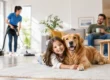 Cleaner vacuuming a carpeted living room while a girl and a golden retriever lie on the rug