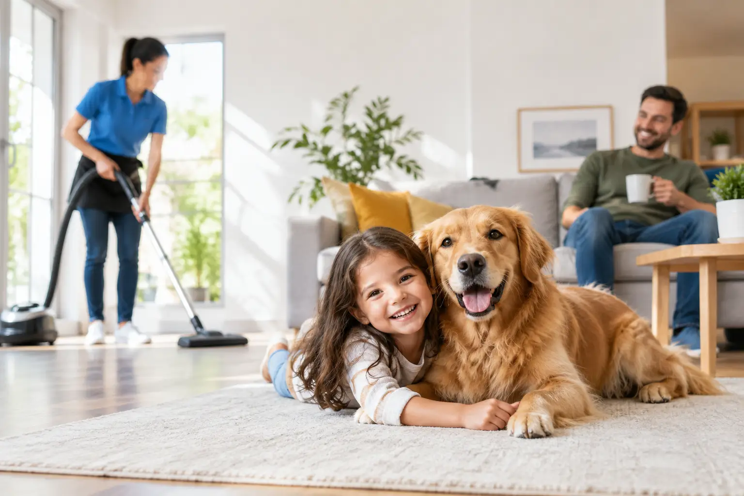 Cleaner vacuuming a carpeted living room while a girl and a golden retriever lie on the rug