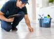 Technician in a blue uniform kneeling to inspect a tile floor and grout with a clipboard in a bright home