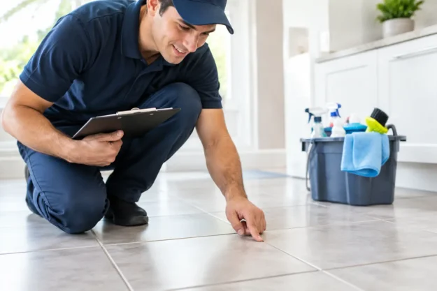 Technician in a blue uniform kneeling to inspect a tile floor and grout with a clipboard in a bright home