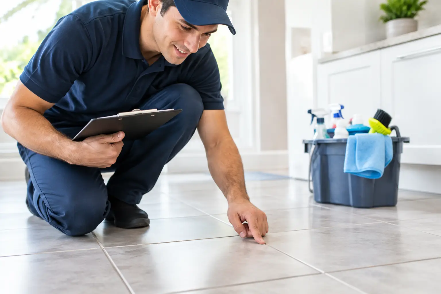 Tile Grout Cleaning Service Review Checklist Technician in a blue uniform kneeling to inspect a tile floor and grout with a clipboard in a bright home