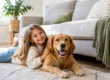 Girl and golden retriever on a clean rug in front of a gray sofa in a fresh, bright living room
