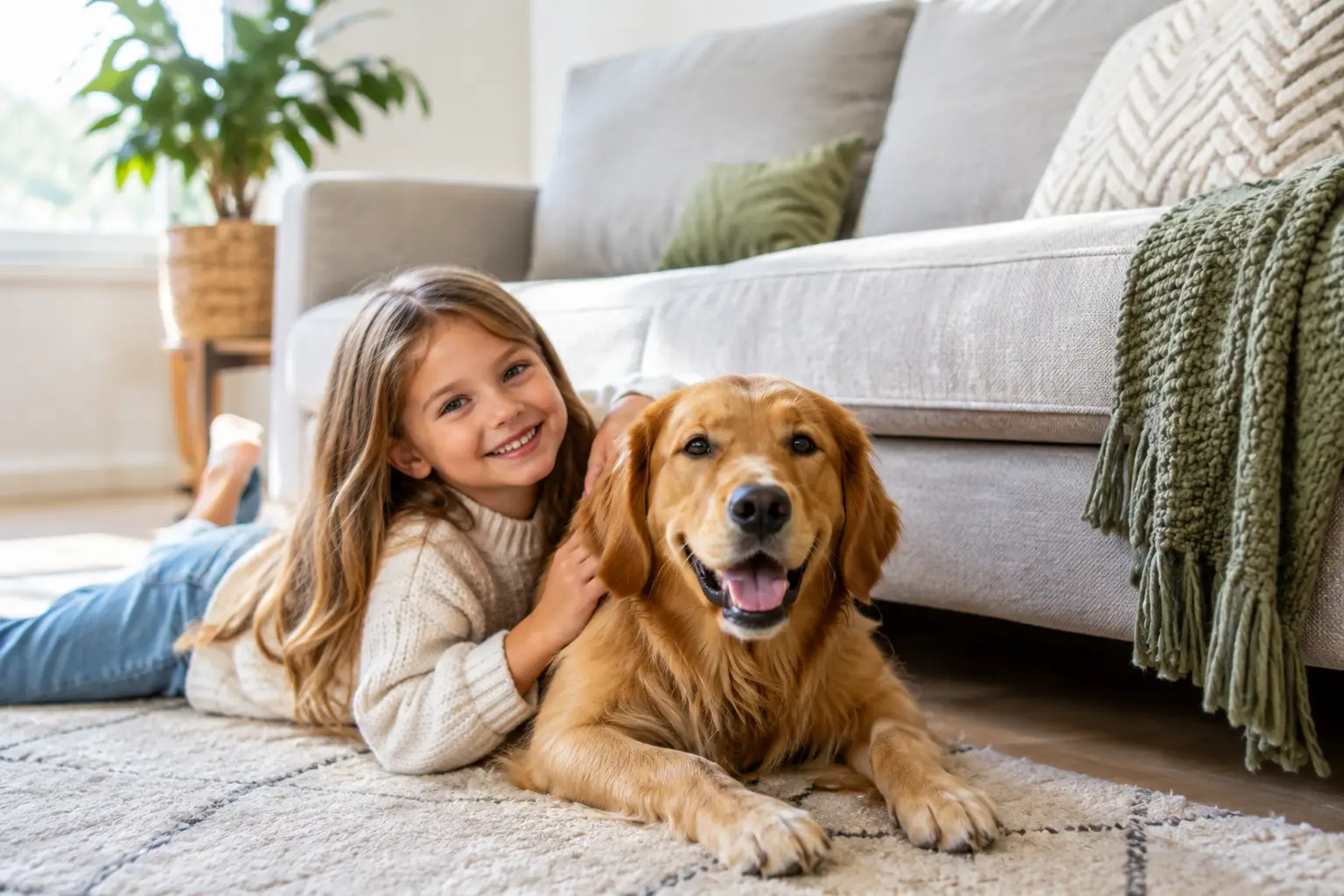 Girl and golden retriever on a clean rug in front of a gray sofa in a fresh, bright living room